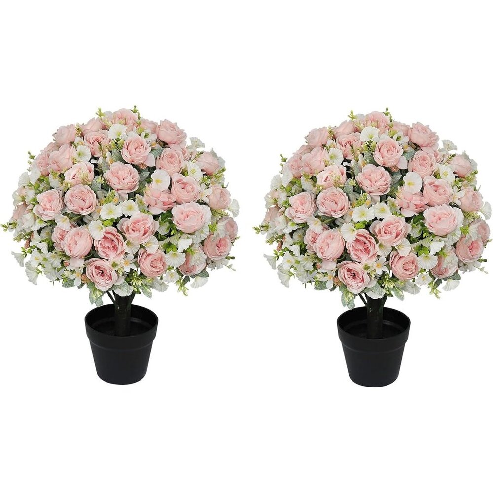 Set-2 Blush Artificial Flowers Blooms Eucalyptus Plants Cement Pots Accent Decor